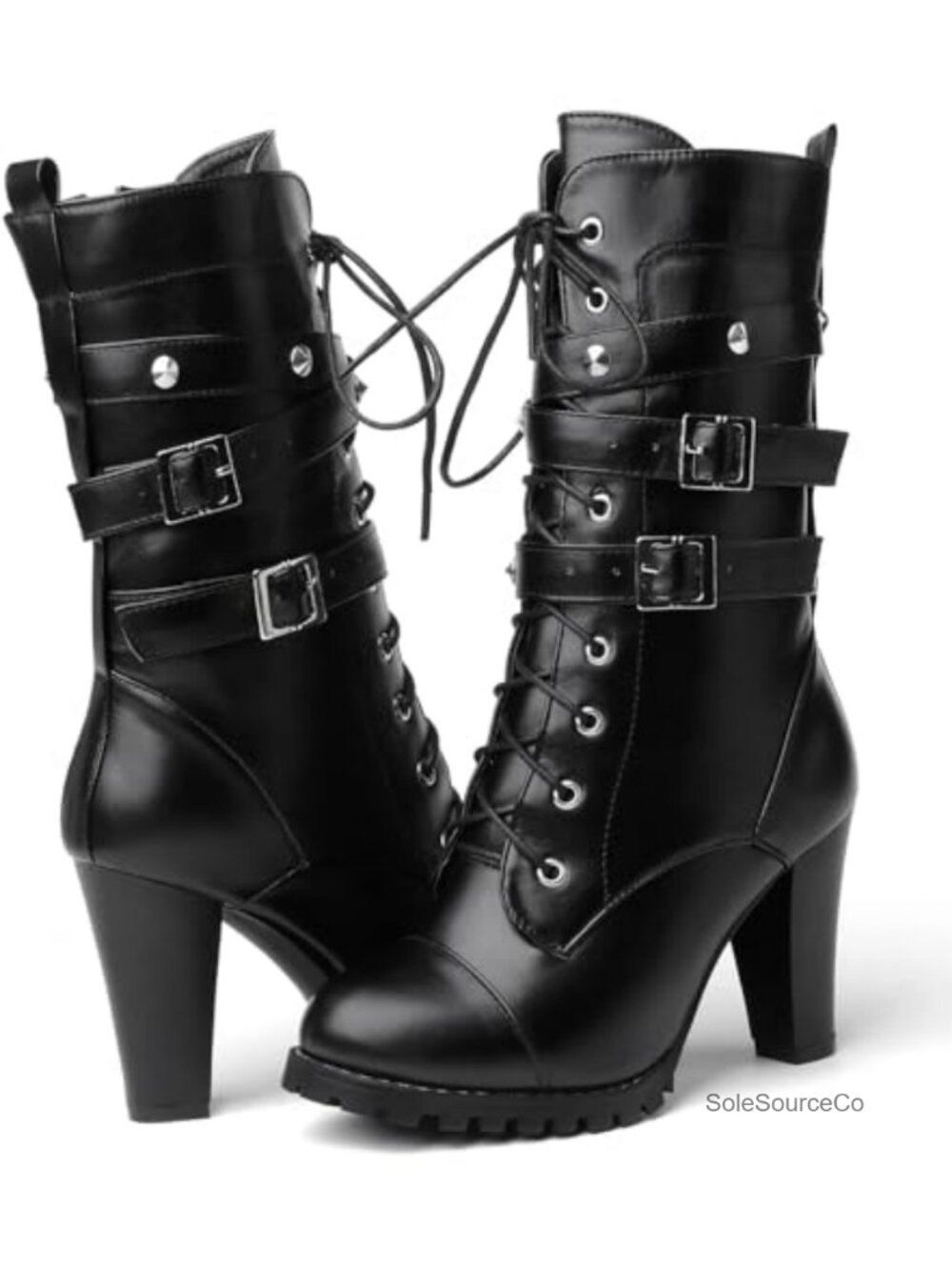 Women's Platform Mid Calf Boots Chunky Heels Round Toe Lace Up Studded Combat